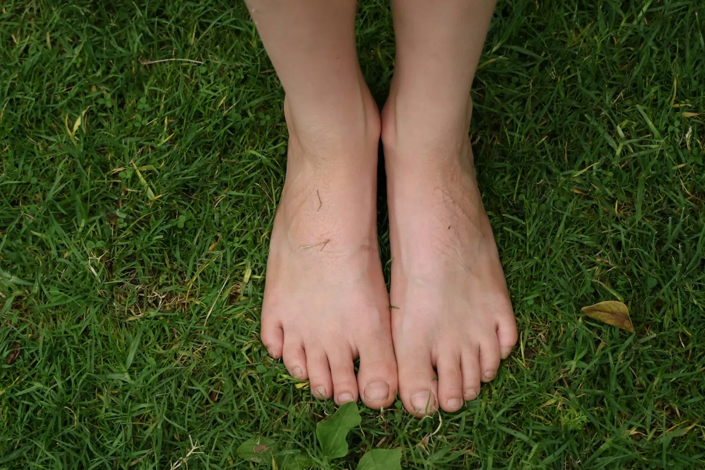 Bare feet standing on soft green grass, a simple grounding technique for anxiety